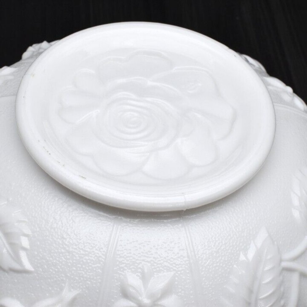 Vintage Milk Glass Floral Bowl, Ruffled, Scalloped, Roses - Picture 4 of 9